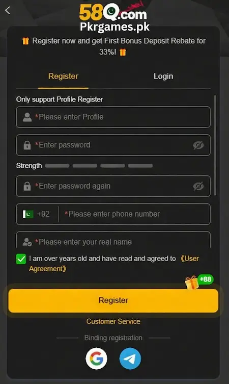Register account on 58Q pkrgame official signup page